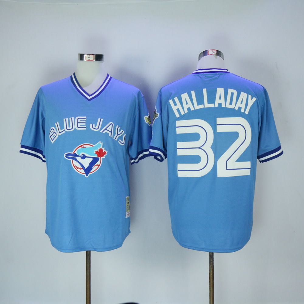Men Toronto Blue Jays 32 Halladay Light Blue Throwback MLB Jerseys